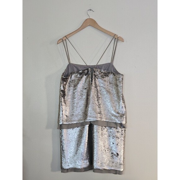 BANANA REPUBLIC Strappy Silver Sequin Mini Dress Size 12 Silk Overlay Party - Picture 7 of 12